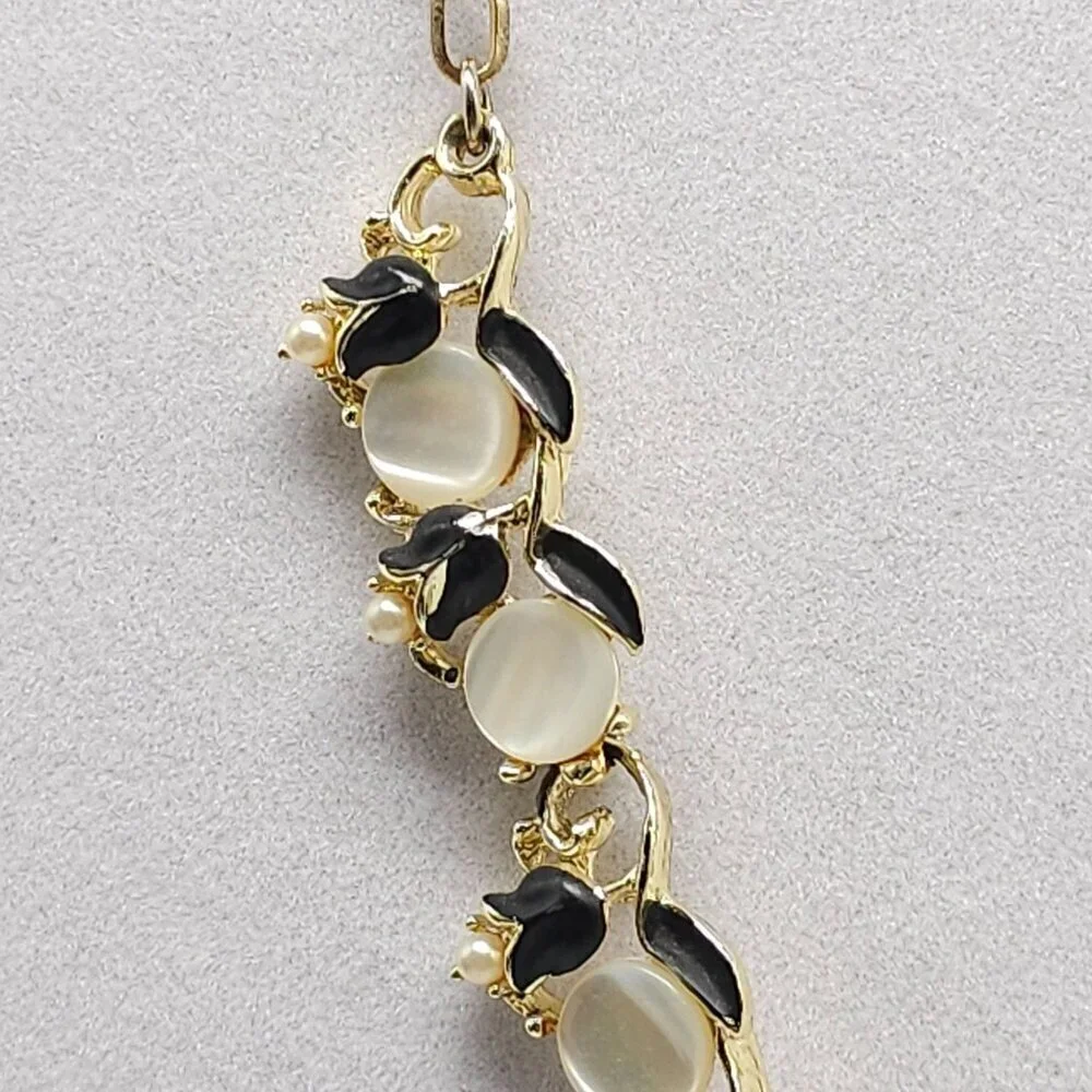 Vintage Gold Tone Necklace With Black Enamel White MOP Floral Design